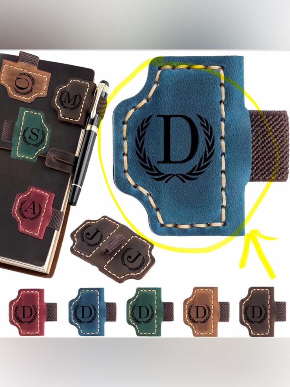 Magnetic Leather Bookmark with Pen Loop - Monogram D - Blue